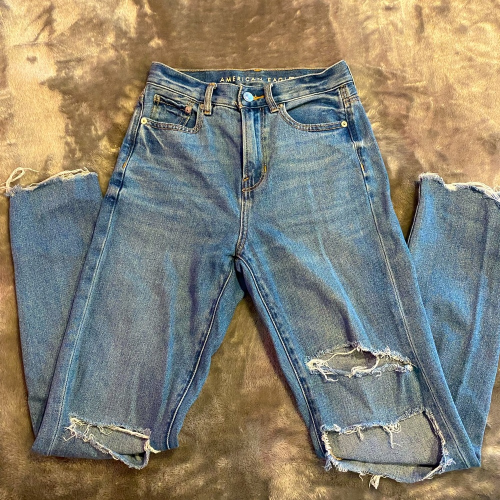 American Eagle High Rise Blue Ripped Mom Jean